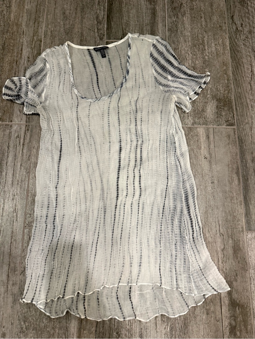 Eileen Fisher Graphite Shibori Trails Silk Chiffon Tunic Top - Medium